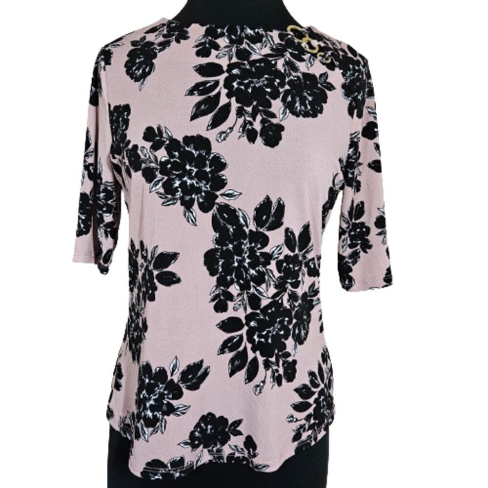 Adrienne Vittadini Black Floral Print Pink Elbow-Sleeve Top